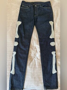 MNML Dark Blue Slim Jeans with White Bone Appliqués